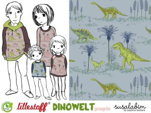 Lillestoff Jersey Stoff Dinowelt, graugr&uuml;n