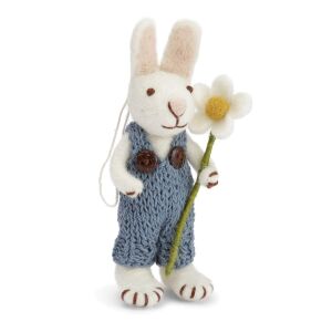 Gry & Sif Weisser Hase mit blauen Hose und Blume, klein
